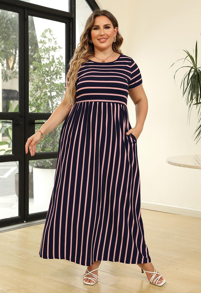 Nemidor Plus Size Maxi Dresses for Curvy Women Summer Casual Loose Short Sleeve Long Beach Dress with Pocket(149,22,Navy Stripe) - Image 4
